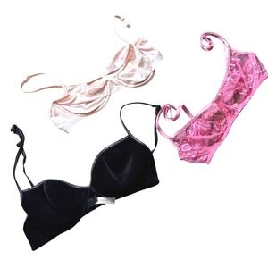2000s Y2K Victoria's Secret Bra Bundle 34B Black Velvet Pink Lace Pink Trim 3pc